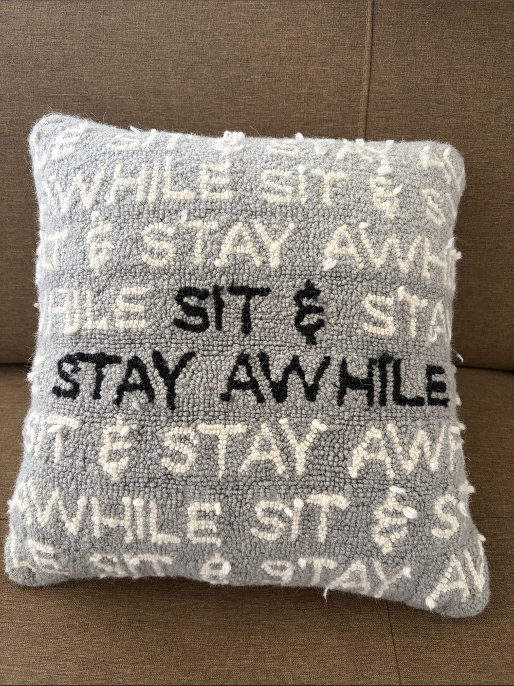 Mud Pie Gray, White & Black 'Stay Awhile' Hooked Accent Pillow